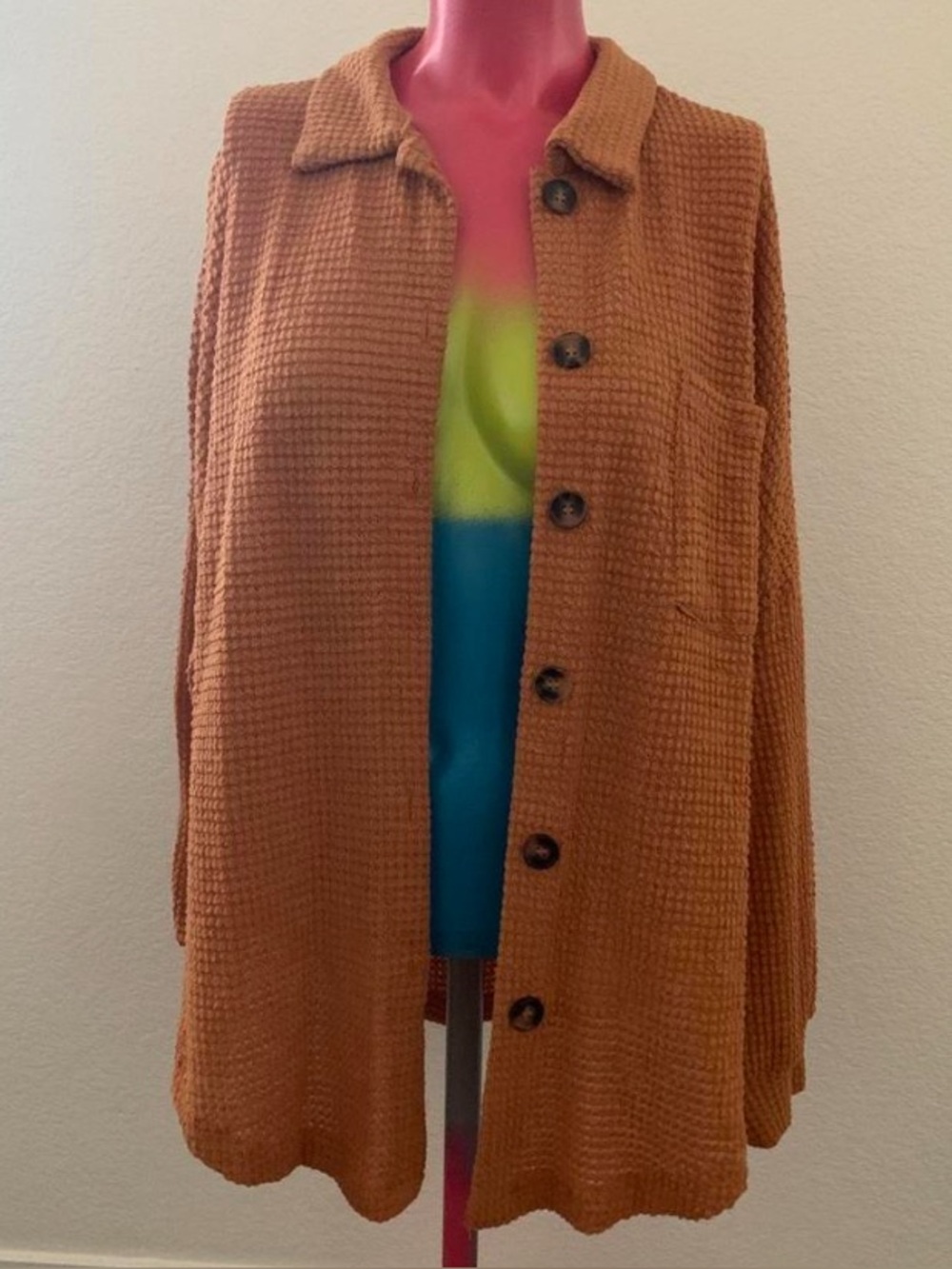 Waffle-Knit Button Down Shirt - Mustard